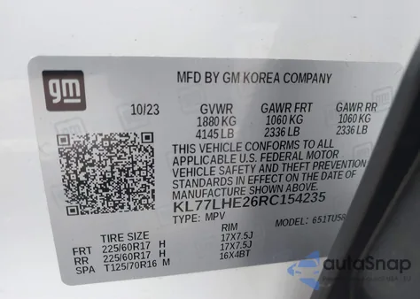 2024 Chevrolet Trax 1Lt z USA, uszkodzony, nr VIN KL77LHE26RC154235